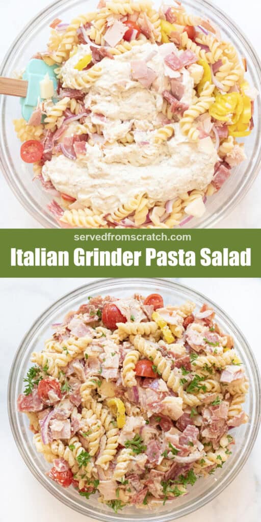 an overhead of a bowl of pasta, meats, cheese, and mayo mixture with an overhead of a pasta salad with meats, cheese, tomatoes, parsley, and banana peppers with Pinterest pin text.