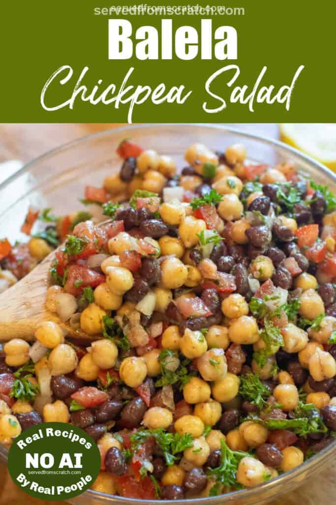 a salad with chickpeas black beans, tomatoes, and parsley with Pinterest pin text and NO AI sticker.
