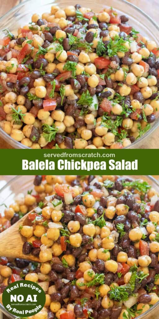 a salad with chickpeas black beans, tomatoes, and parsley with Pinterest pin text and NO AI sticker.