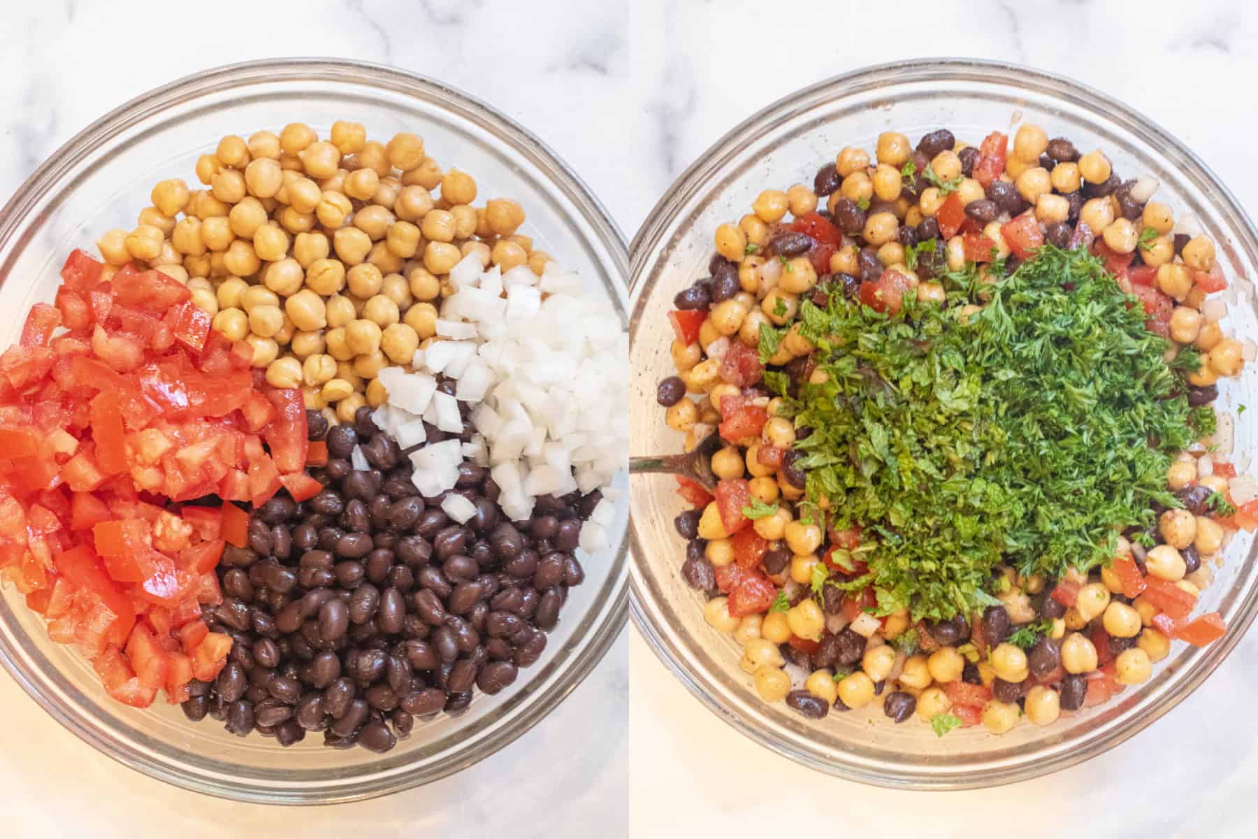two pictures, a bowl of chickpeas, beans, tomatoes, and onions and then it all mixed and topped with herbs.