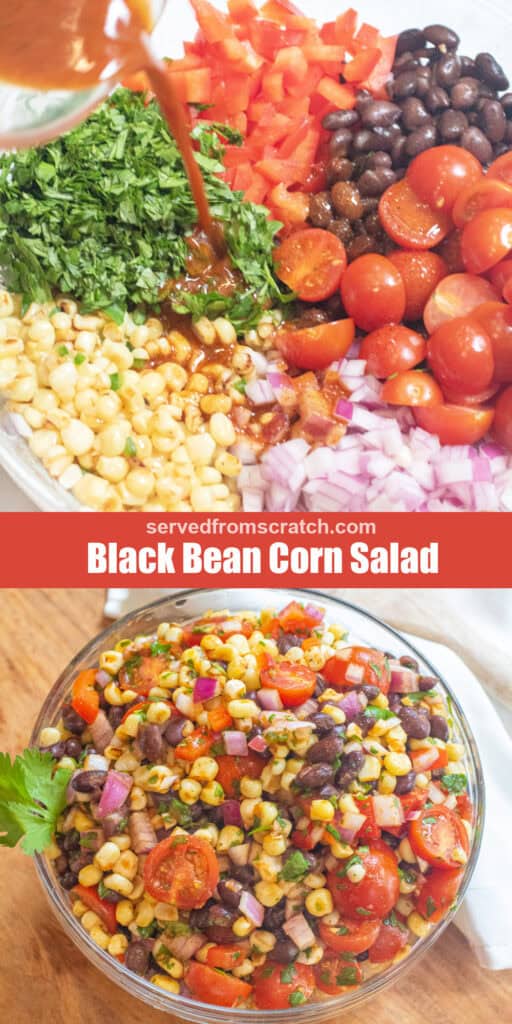 a bowl of corn, onion, tomatoes, pepper, beans, cilantro, Pinterest pin text, and then a bowl of it all mixed together.