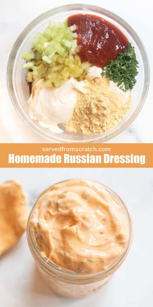 a bowl of ingredients for dressing and a jar of creamy russian dressing with Pinterest pin text.