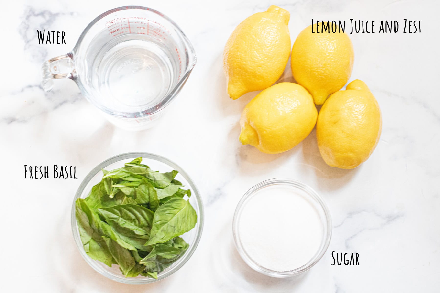 lemons, fresh basil, water, and sugar labeled.