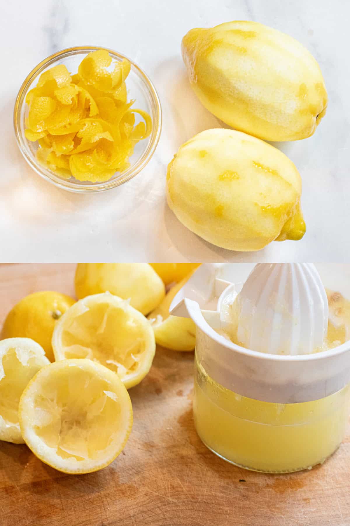 2 pictures, one of a bowl of lemon zest and the lemons and then a juicer with halved juiced lemons.