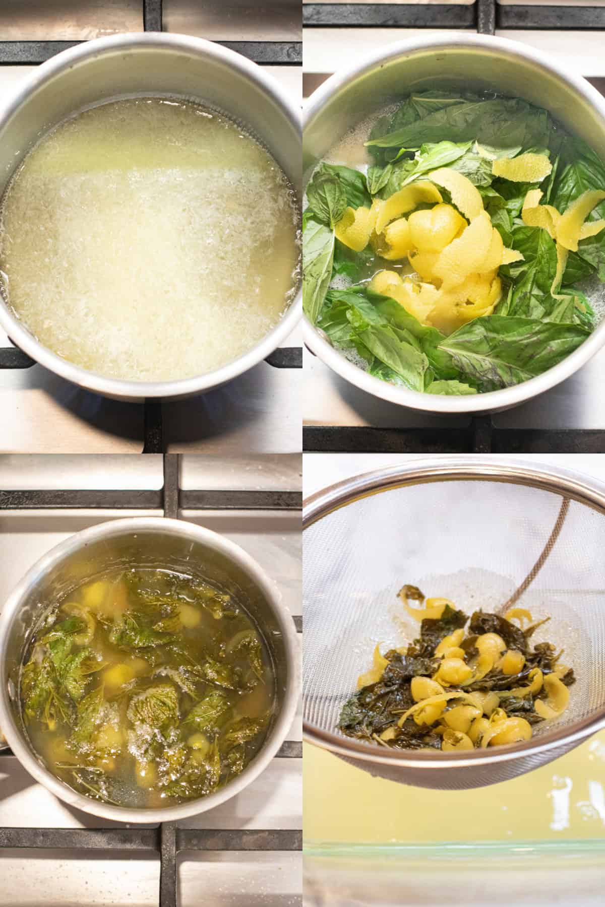 4 pictures, one of water and sugar and then with lemon zest and basil, it all cooked together, and then a sieve over a pan.