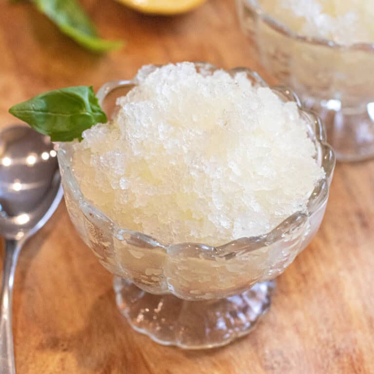 a small bowl of shaved lemon basil ice.