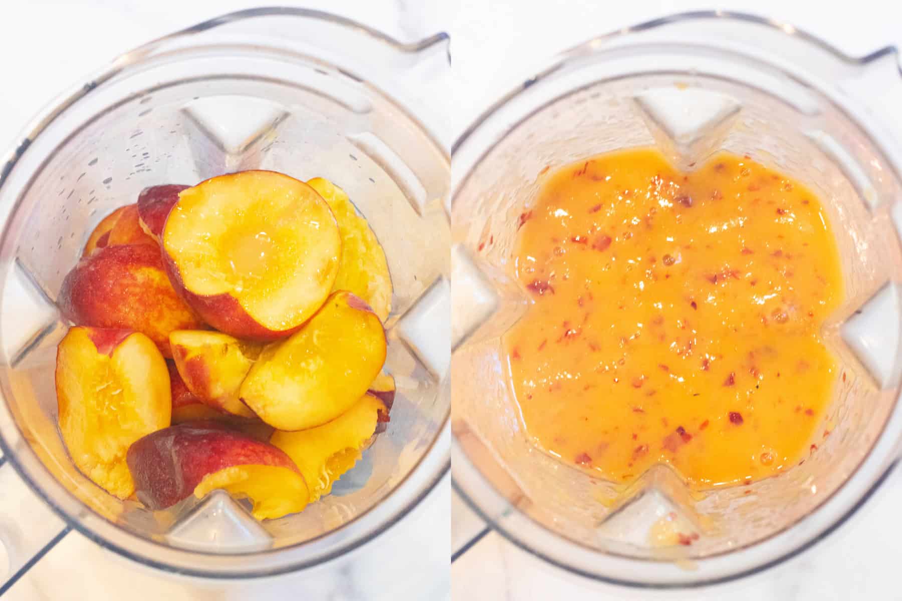 an overhead of peaches in a blender and then a picture of it all blended.