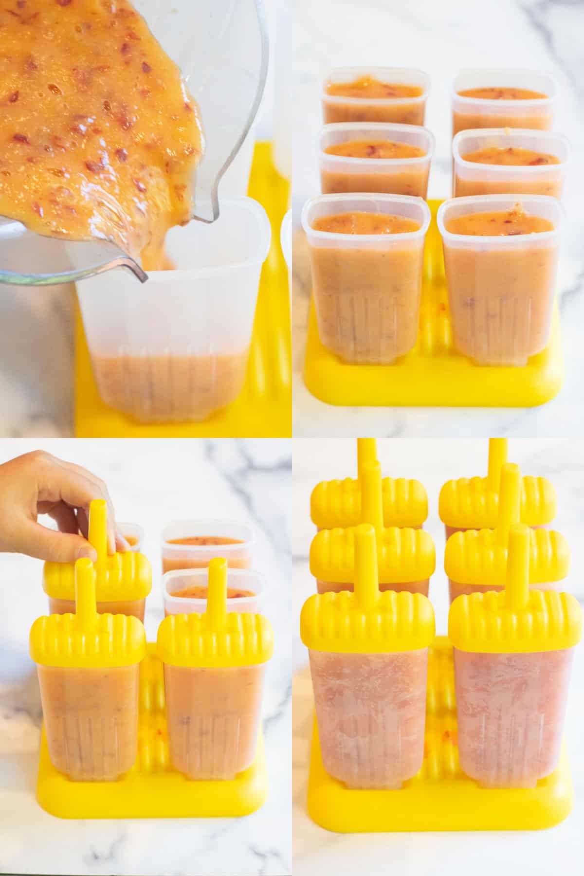 4 pictures, one of blended peach being poured into a popsicle mold, the molds filled, a kid's hand putting covers on, and then them frozen. 
