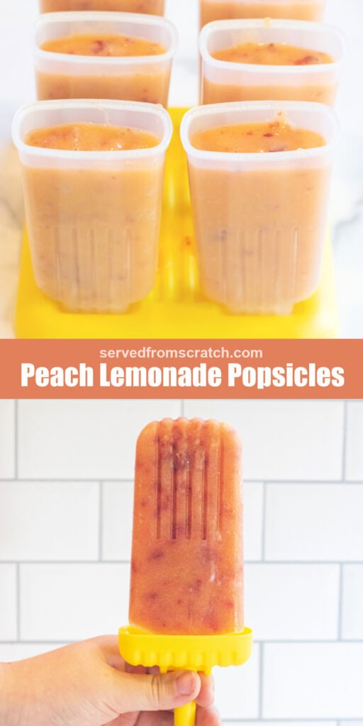popsicle molds filled with peach puree, Pinterest pin text, and a hand holding a popsicle.