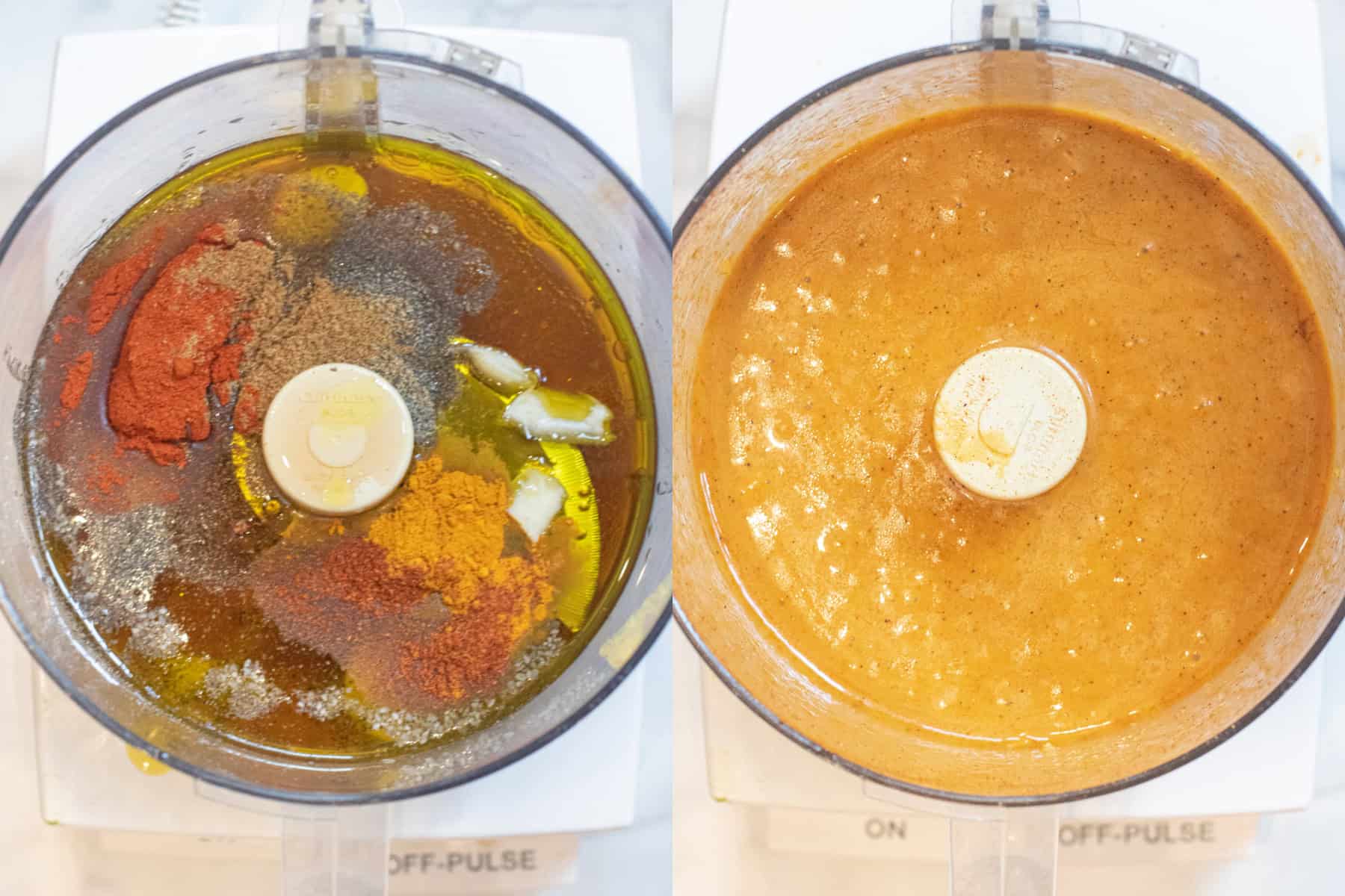 two food processors, one with ingredients and one with it all blended.