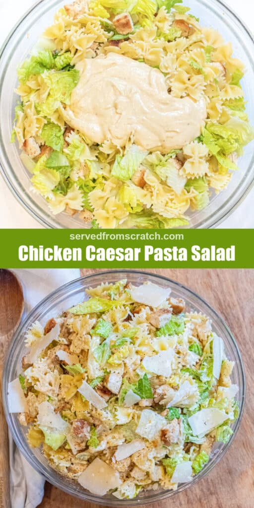 an overhead of a pasta salad with lettuce, chicken, croutons, and cheese and Pinterest pin text.