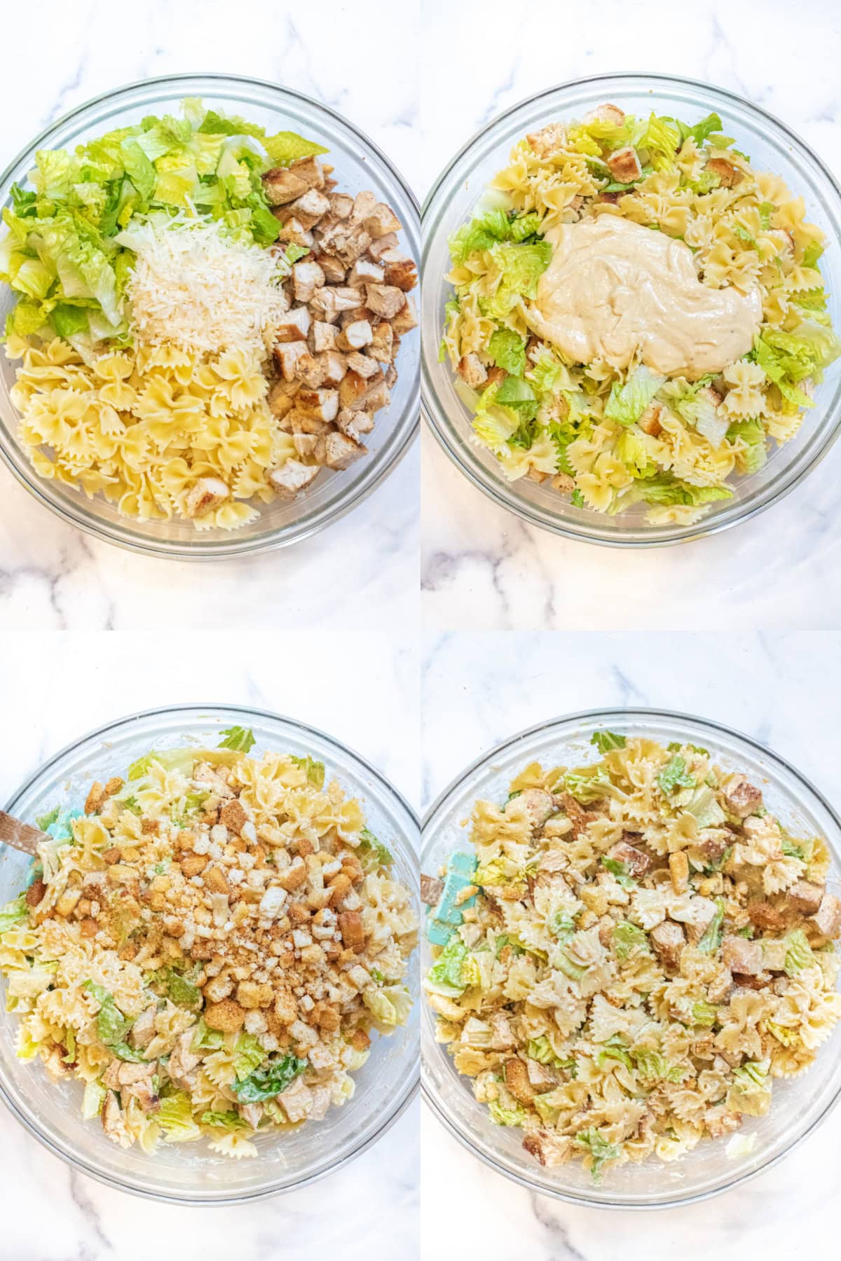 4 pictures one bowl with cubed chicken, lettuce, pasta and cheese, then it mixed with dressing on top, then it all mixed with croutons on top, and the 4th of it all mixed together.
