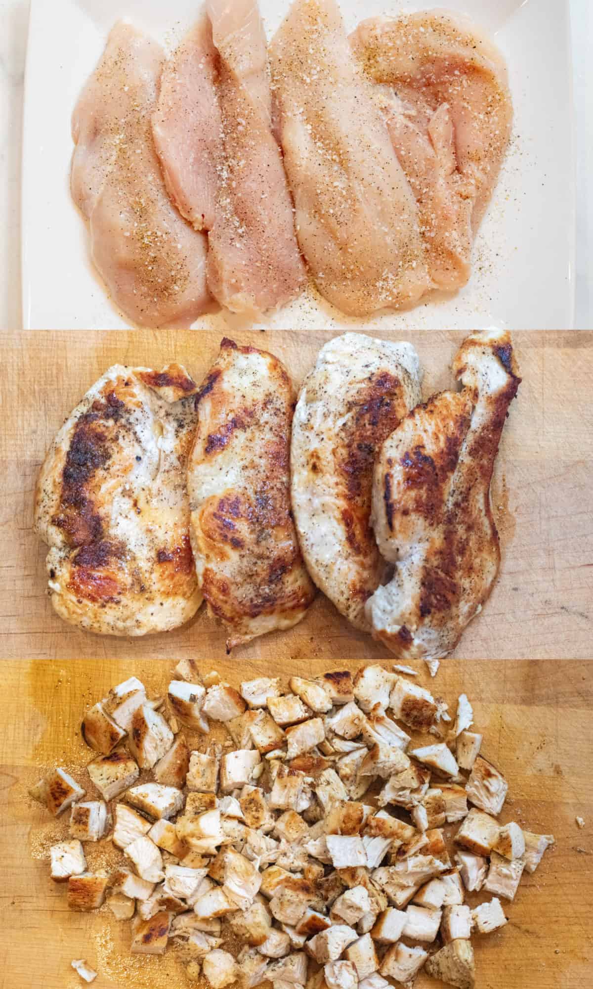 3 pictures, one of seasoned chicken breasts, them cooked, and then cubed.
