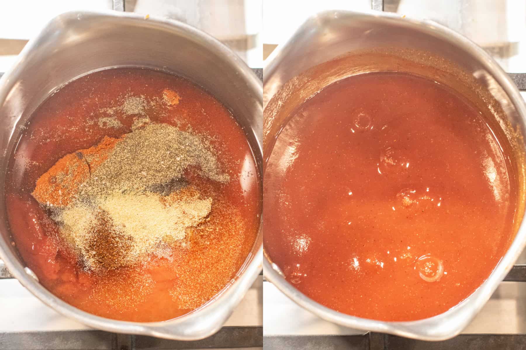 two sauce pans, one with ketchup and honey and spices added on top and then it all smooth.