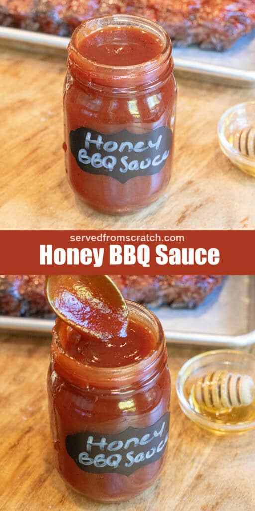 an open jar of honey bbq sauce with a spoon in front of a tray of ribs with Pinterest pin text.