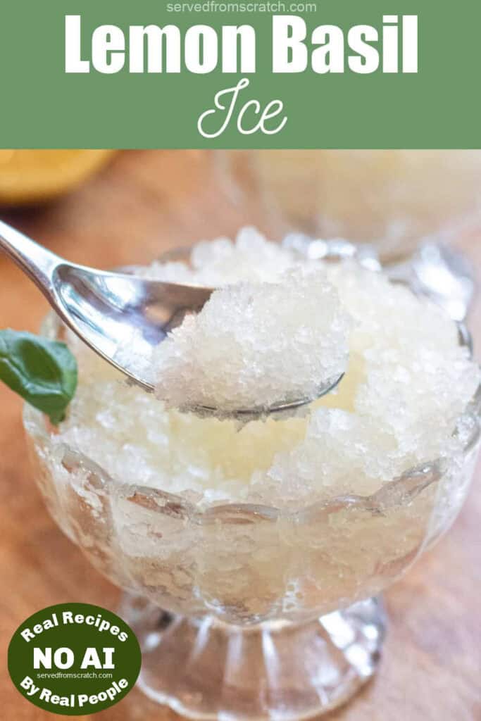 a small bowl of shaved lemon basil ice with a spoon and Pinterest pin text with NO AI sticker.