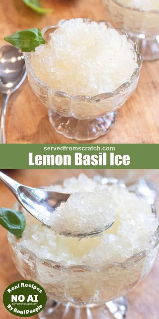 a small bowl of shaved ice with basil and a spoon with Pinterest pin text wit NO AI sticker.