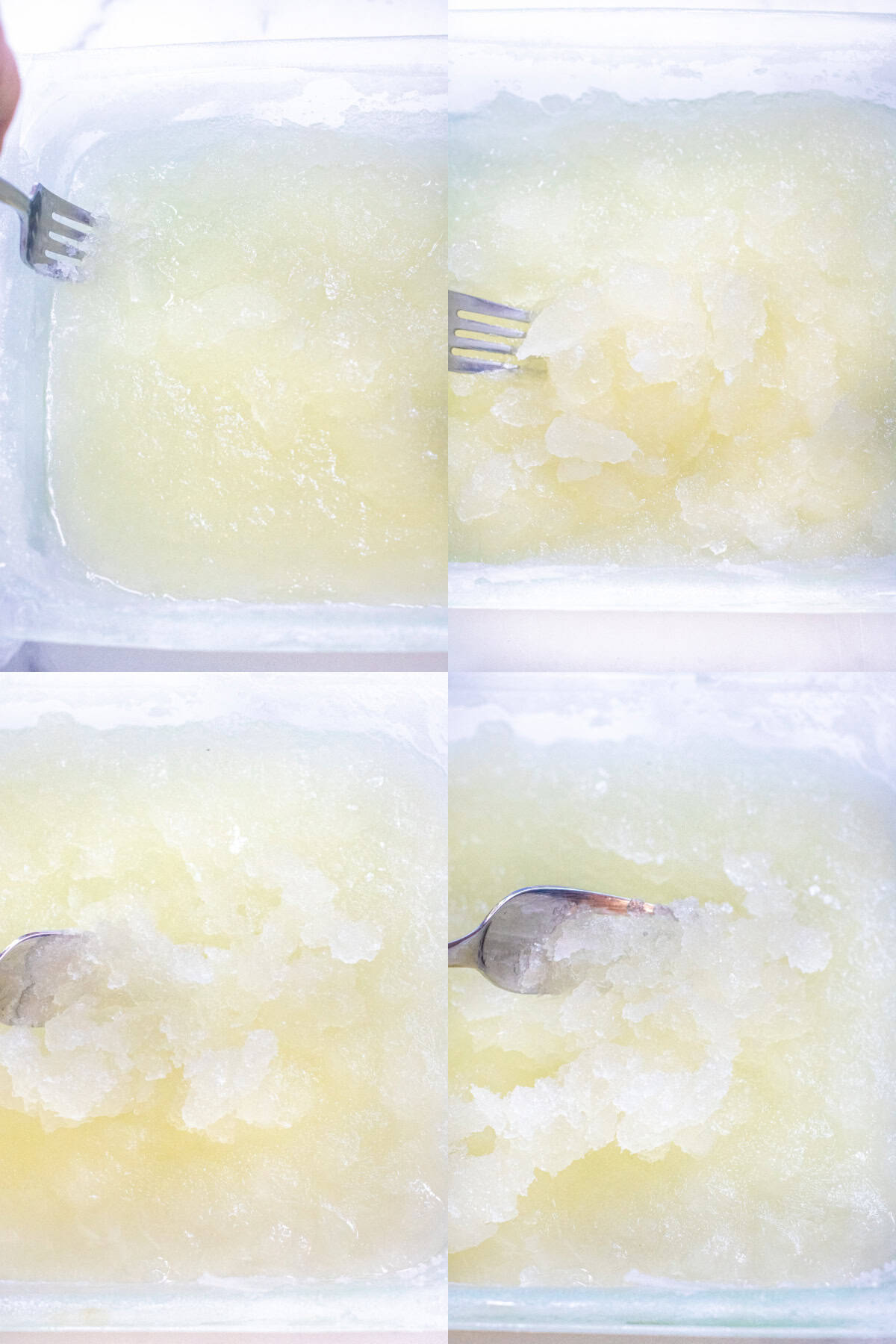 4 pictures of lemon basil ice being scraped while being frozen.