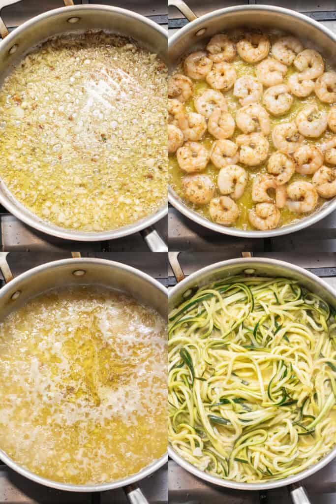 pictures of 4 saute pans, one with butter and garlic, one with shrimp, stock added, and then zoodles added.