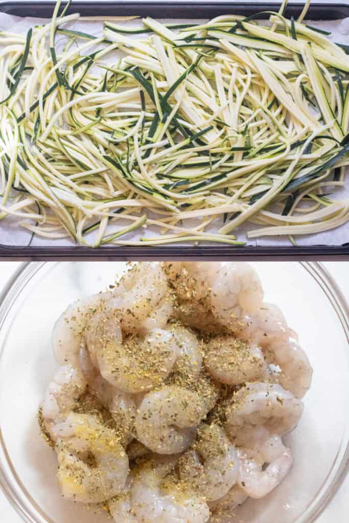 a tray of zoodles and a bowl of shrimp with seasoning.