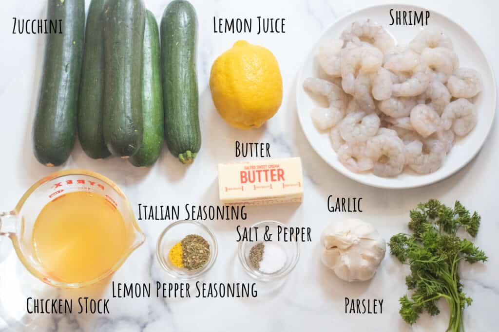 zucchini, lemon, raw shrimp, chicken stock, butter, seasonings, garlic, and parsley labeled.