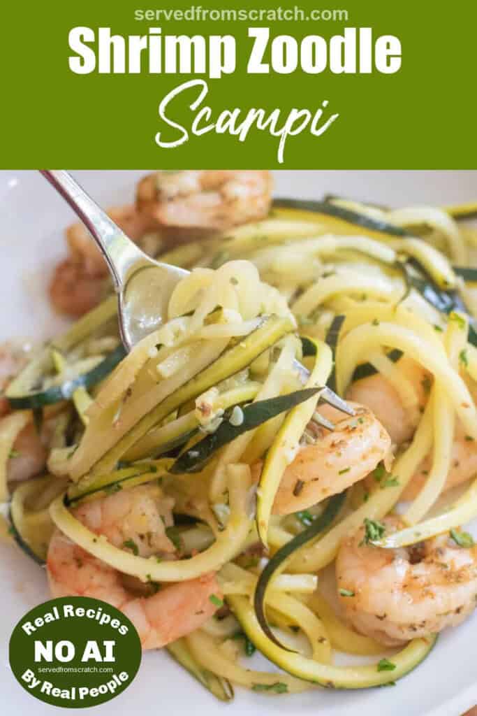 a plate of zoodle scampi with a fork and Pinterest pin text with NO AI sticker.