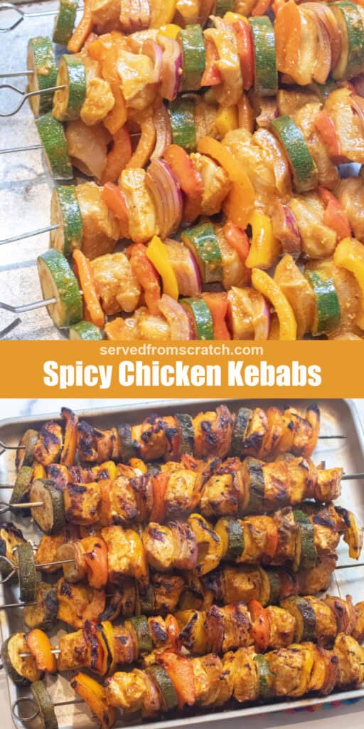 a tray of uncooked chicken kebabs, Pinterest pin text, and a tray of cooked chicken and pepper kebabs.