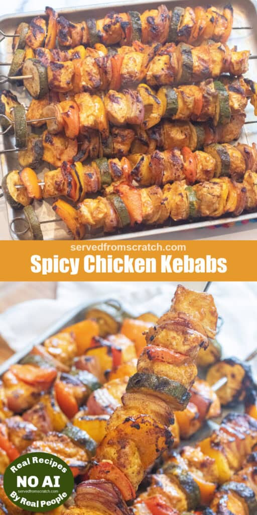 trays of cooked chicken and pepper kebabs and Pinterest pin text with NO AI sticker.