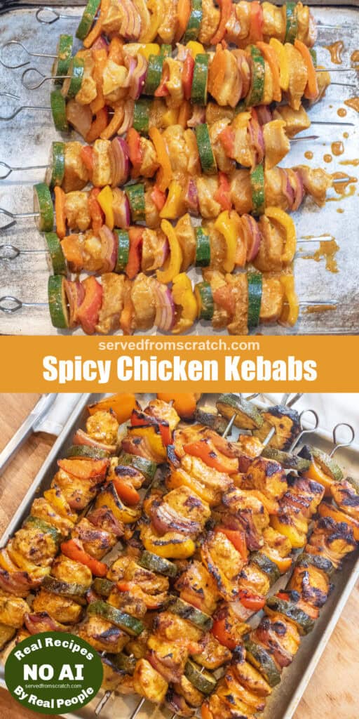 a tray of uncooked chicken kebabs, Pinterest pin text, and a tray of cooked chicken and pepper kebabs with NO AI sticker.