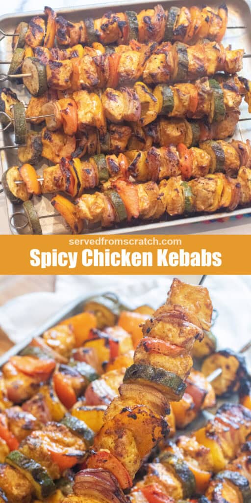 trays of cooked chicken and pepper kebabs and Pinterest pin text.