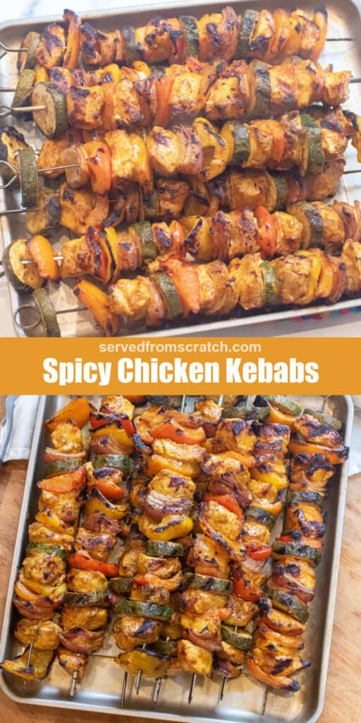 trays of cooked chicken and pepper kebabs and Pinterest pin text.