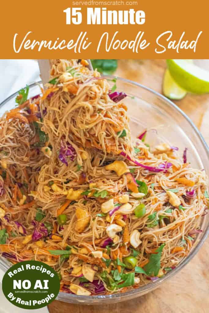 tongs holding up some noodles with cashews, cilantro, cabbage, and carrots with Pinterest pin text and NO AI sticker.