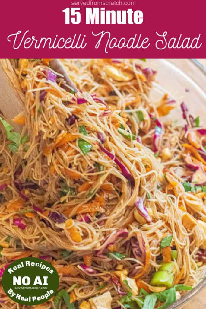 tongs holding up some noodles with cashews, cilantro, cabbage, and carrots with Pinterest pin text and NO AI sticker.