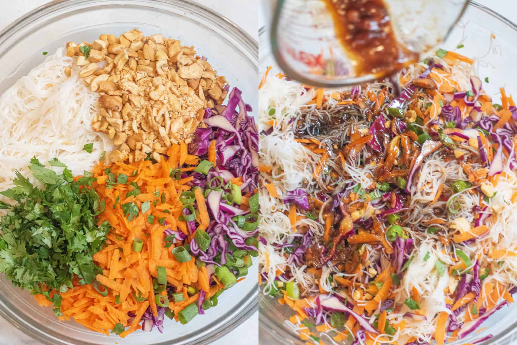 a bowl of rice noodles, cashews, carrots, cabbage, onions, and cilantro and dressing being poured into the bowl.