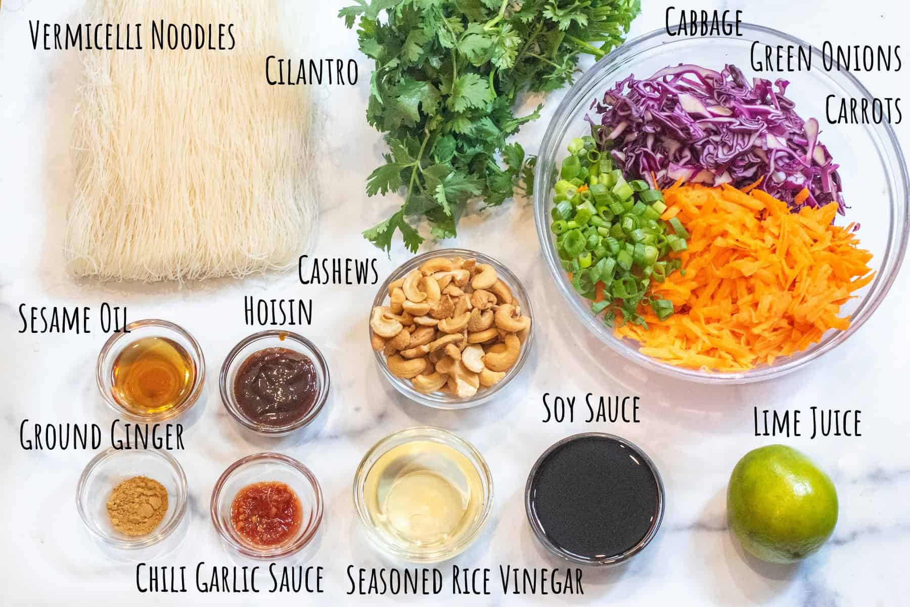Cold Vermicelli Noodles, cabbage, carrot, onions, cilantro, cashews, oil, vinegar, lime, soy, chili garlic sauce all labeled.