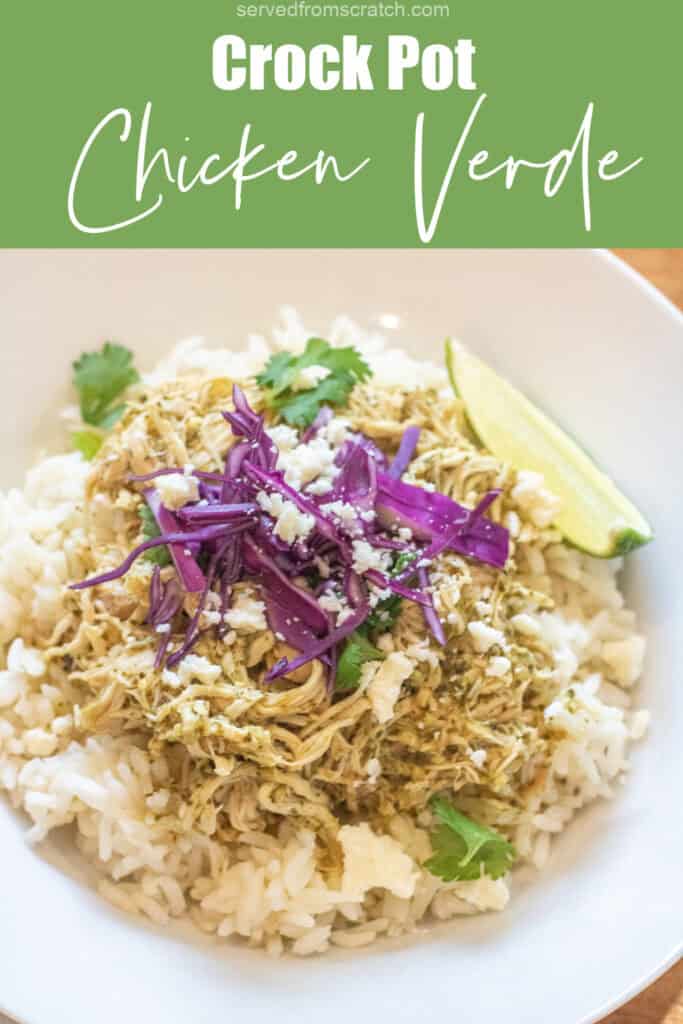 a bowl of rice with shredded chicken on top and purple cabbage, cotija, cilantro, and a lime wedge with Pinterest pin text.