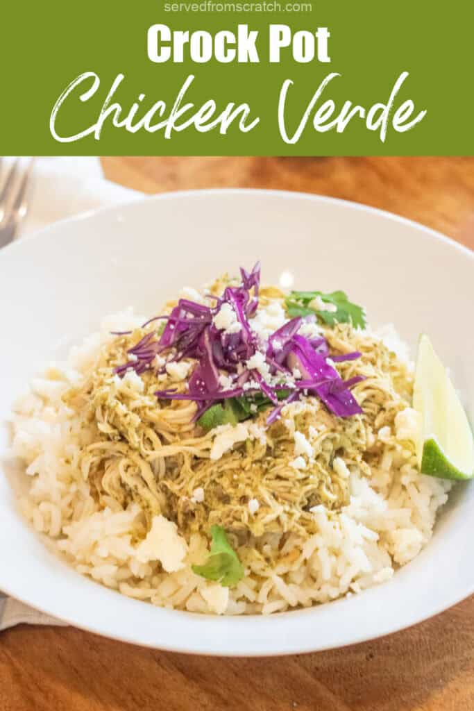 a bowl of rice with shredded chicken on top and purple cabbage, cotija, cilantro, and a lime wedge with Pinterest pin text.