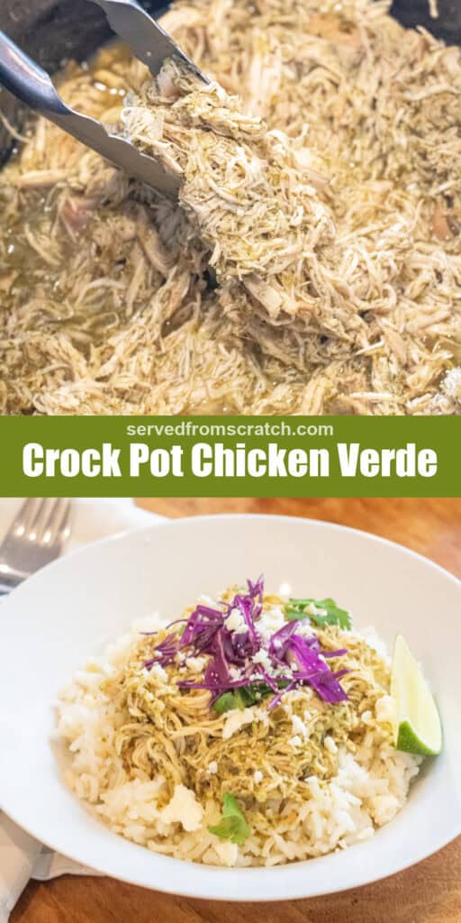 shredded chicken in a crock pot with Pinterest pin text and a bowl of the chicken over rice with cabbage and cheese.