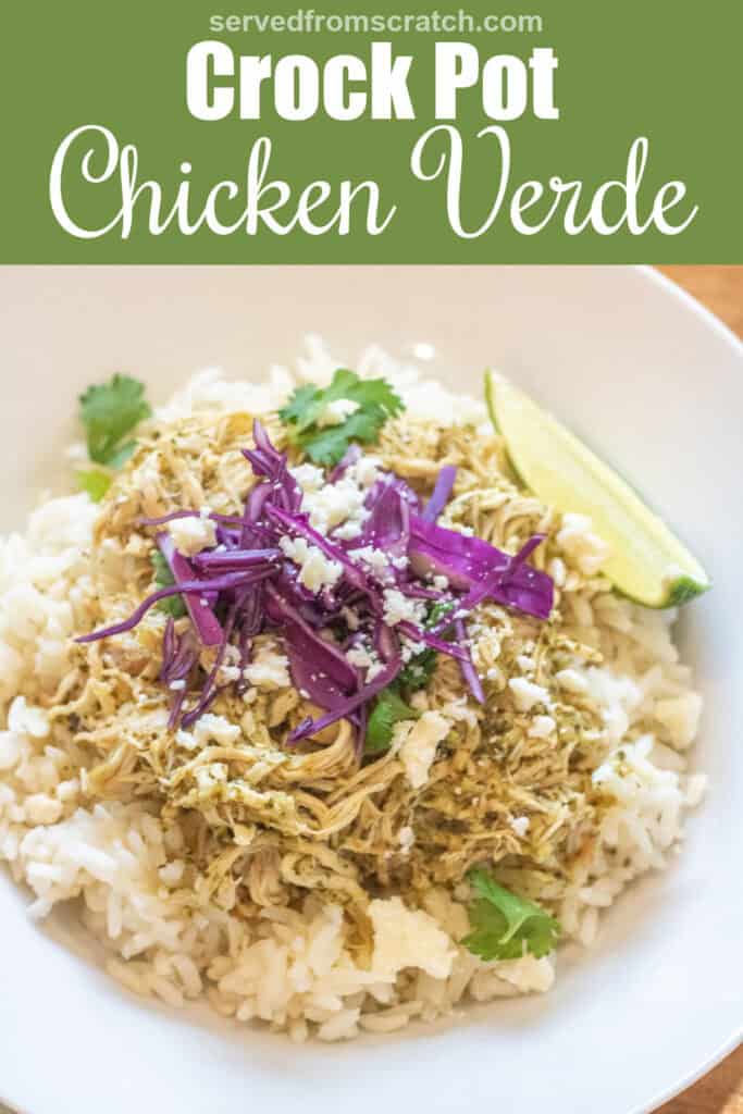 a bowl of rice with shredded chicken on top and purple cabbage, cotija, cilantro, and a lime wedge with Pinterest pin text.