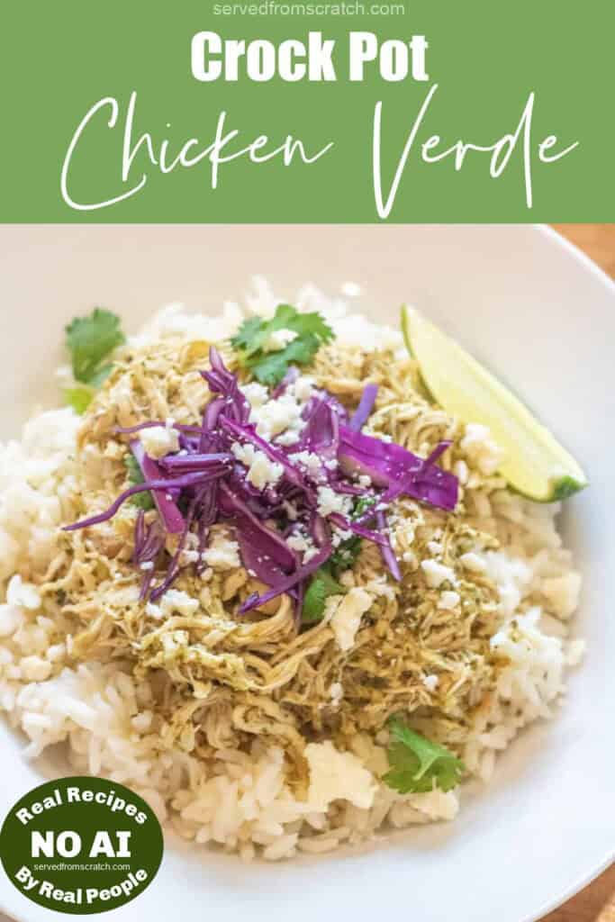 a bowl of rice with shredded chicken on top and purple cabbage, cotija, cilantro, and a lime wedge with Pinterest pin text with NO AI sticker.