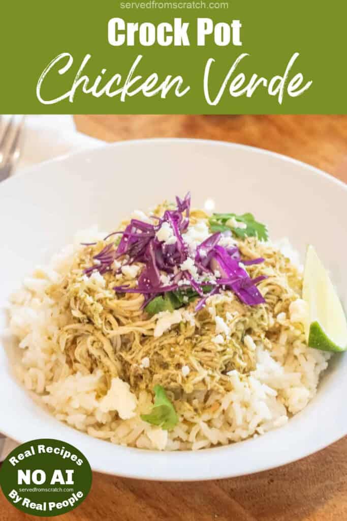 a bowl of rice with shredded chicken on top and purple cabbage, cotija, cilantro, and a lime wedge with Pinterest pin text with NO AI sticker.