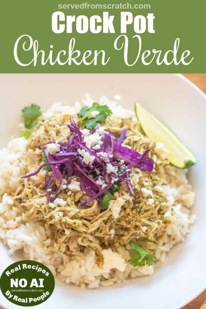 a bowl of rice with shredded chicken on top and purple cabbage, cotija, cilantro, and a lime wedge with Pinterest pin text with NO AI sticker.