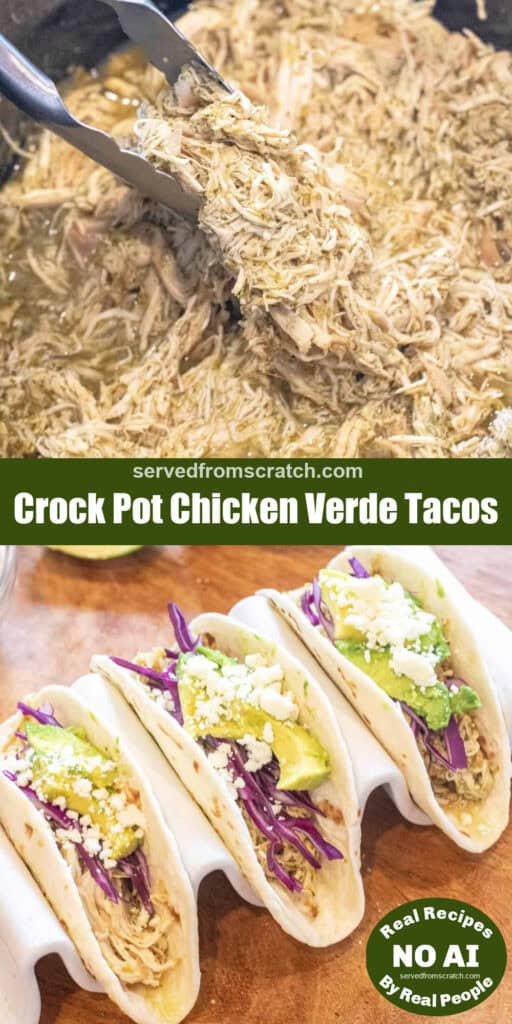 shredded chicken with tongs Pinterest pin text, and tacos with shredded chicken and cabbage and avocado with cotija and NO AI sticker.