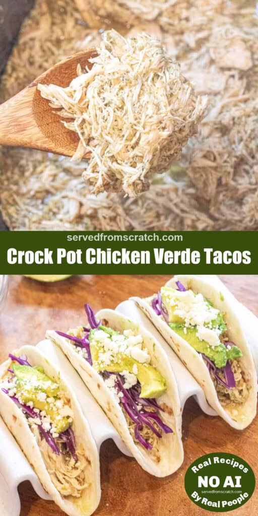 shredded chicken with a wooden spoon, Pinterest pin text, and tacos with shredded chicken and cabbage and avocado with cotija and NO AI sticker.