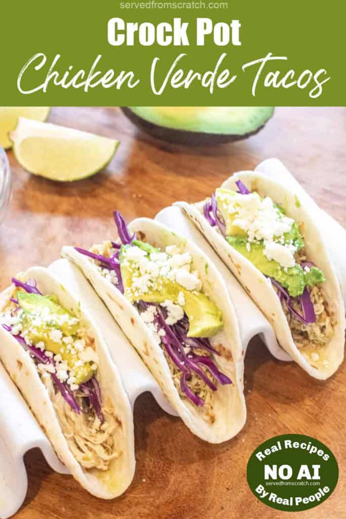 three tacos with shredded chicken, cabbage, avocado, and cotija with Pinterest pin text and NO AI sticker.
