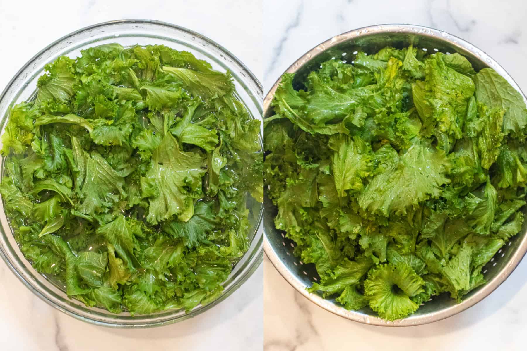 a picture of a bowl of mustard greens in a big bowl of water and then in a colander.