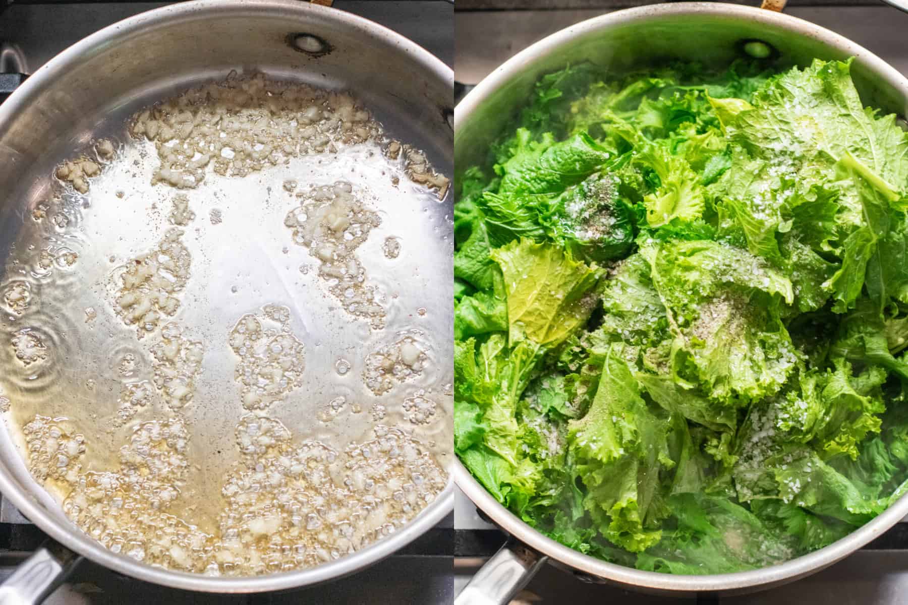 a pan of garlic cooking in oil and then mustard greens added.