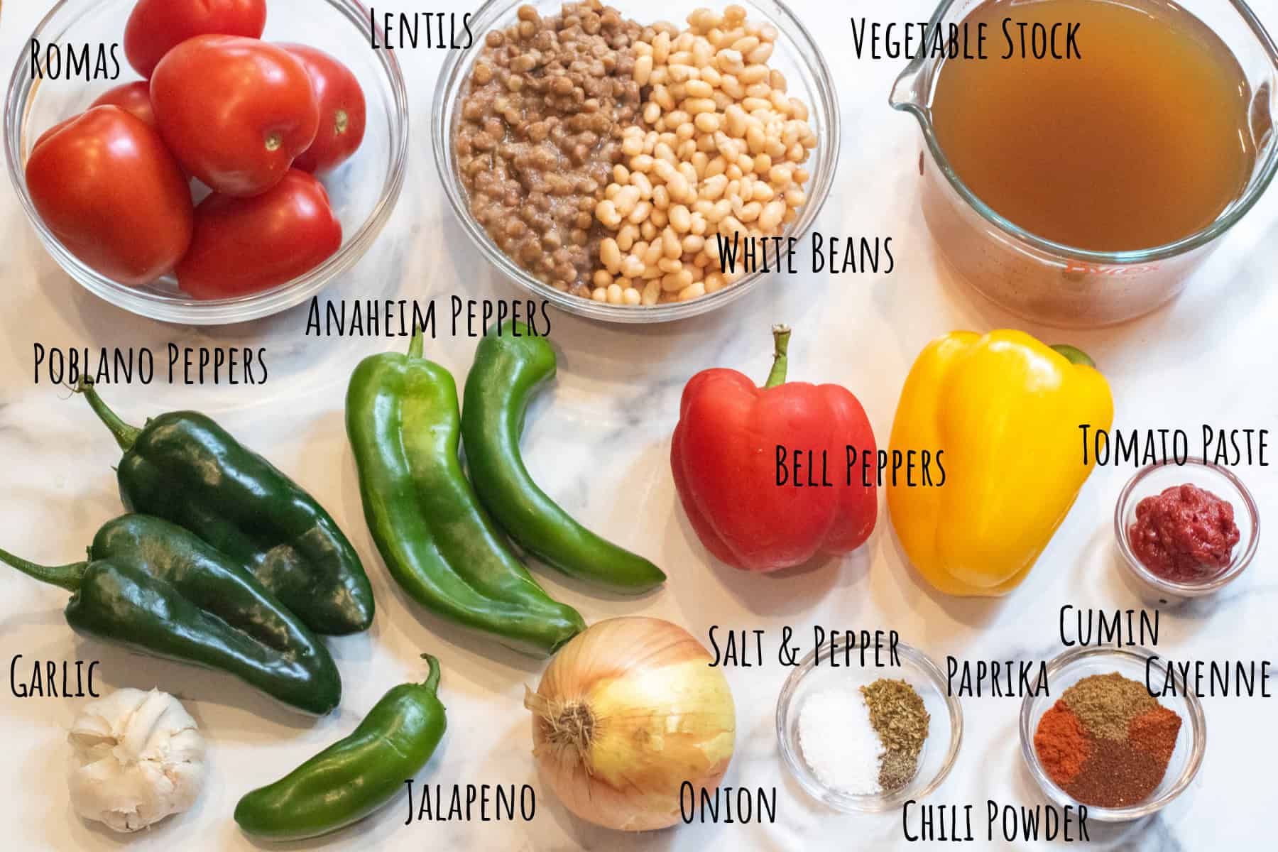 bell peppers, anaheim peppers, jalapeno, poblano pepper, tomatoes, lentils, stock, spices, onion, and garlic all labeled.