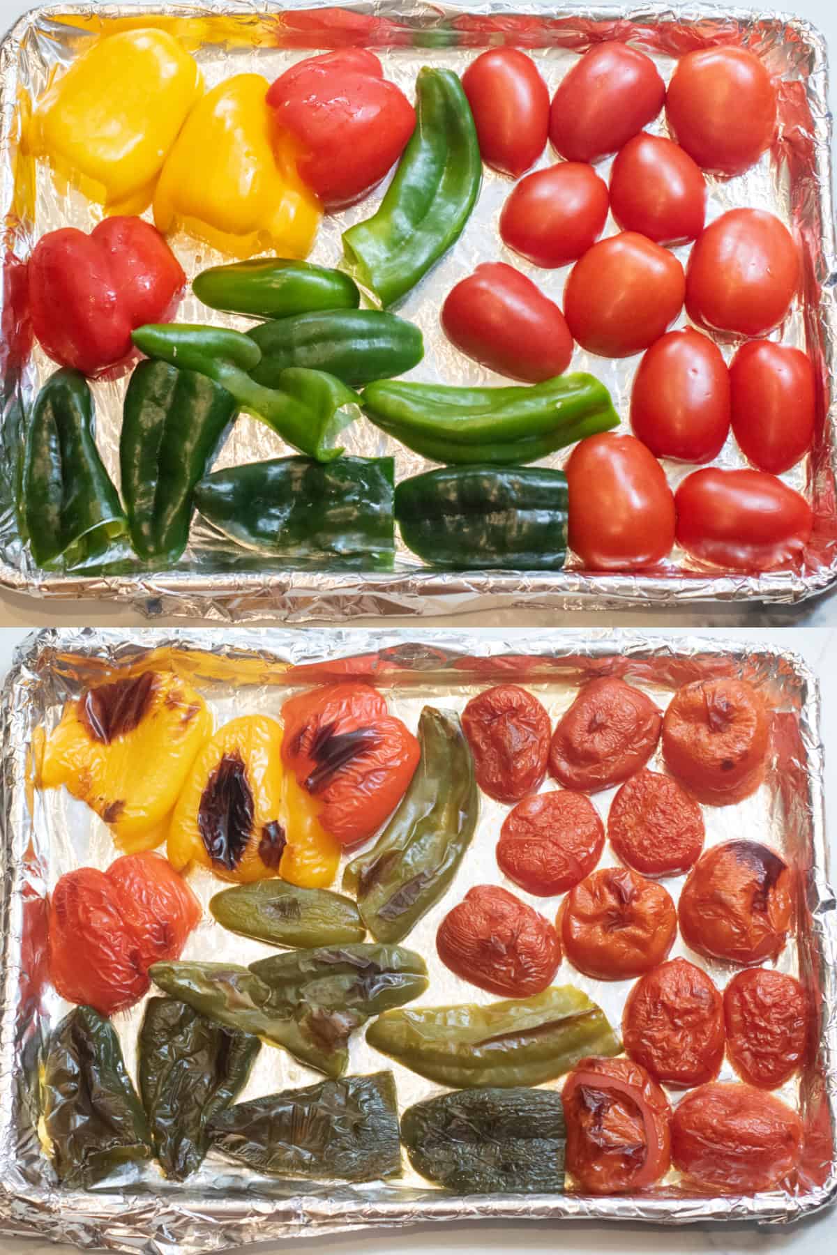 tray of potatoes and peppers and onion and garlic and then a tray of it all roasted.