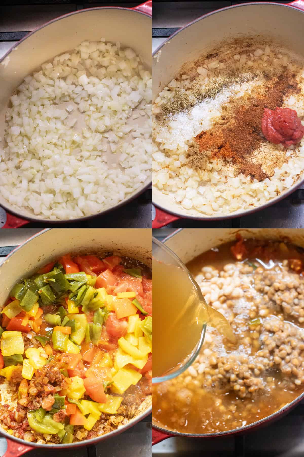 4 dutch ovens, one with onions and garlic, with spices and paste, and vegetables and one with stock added.